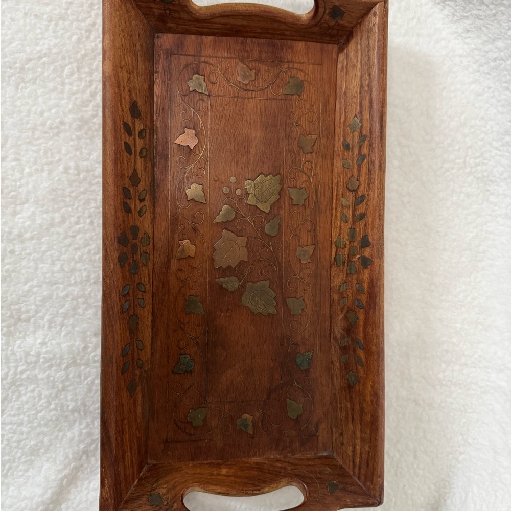 Elegant Wood Tray with Brass Leaf Design